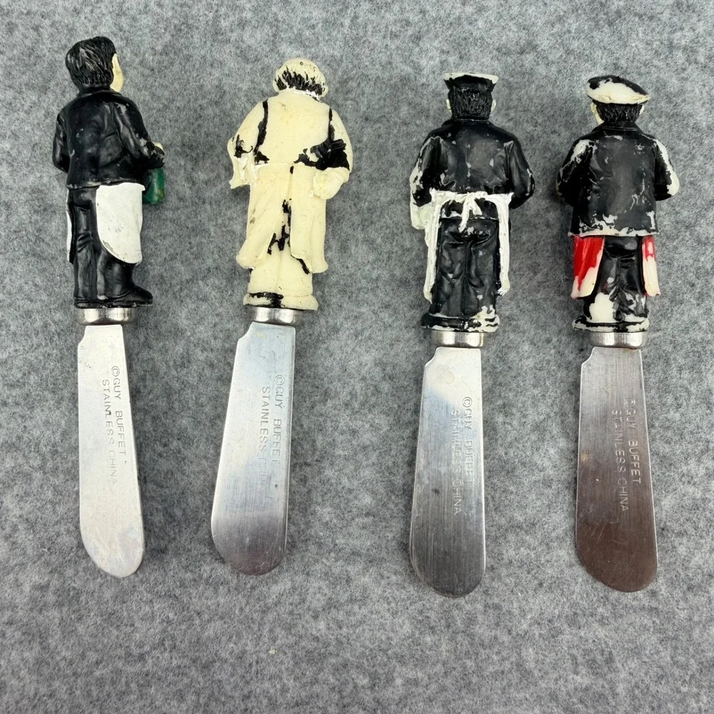 Vintage Guy Buffet Figural Butter Knives Spreaders Set of 4 Chef Waiter Utensils
